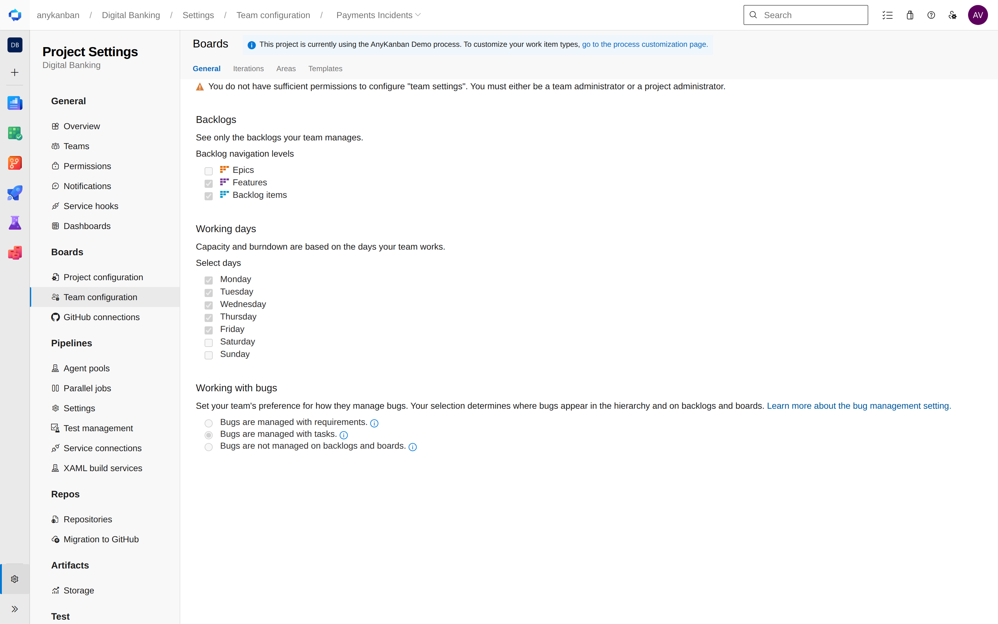 Team configuration: the three choices under "Working with bugs", one answer per team