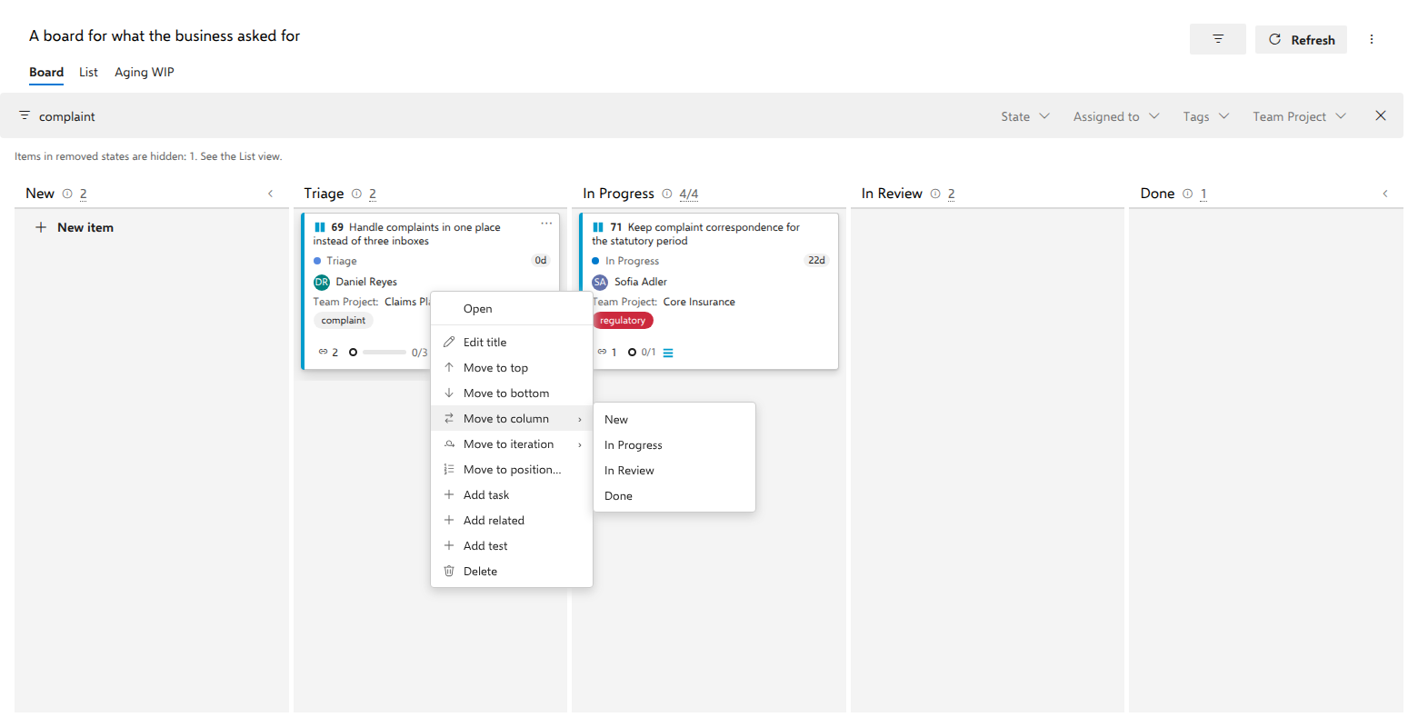 The card context menu, with the states you may move to