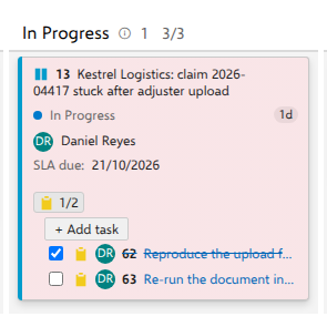 Tasks added straight to the card, with a done counter