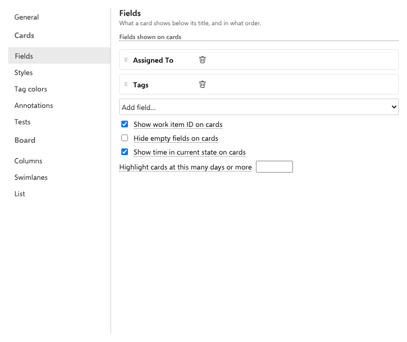 Cards › Fields: drag-ordered card fields, the ID and empty-field options, and the days-in-state limit