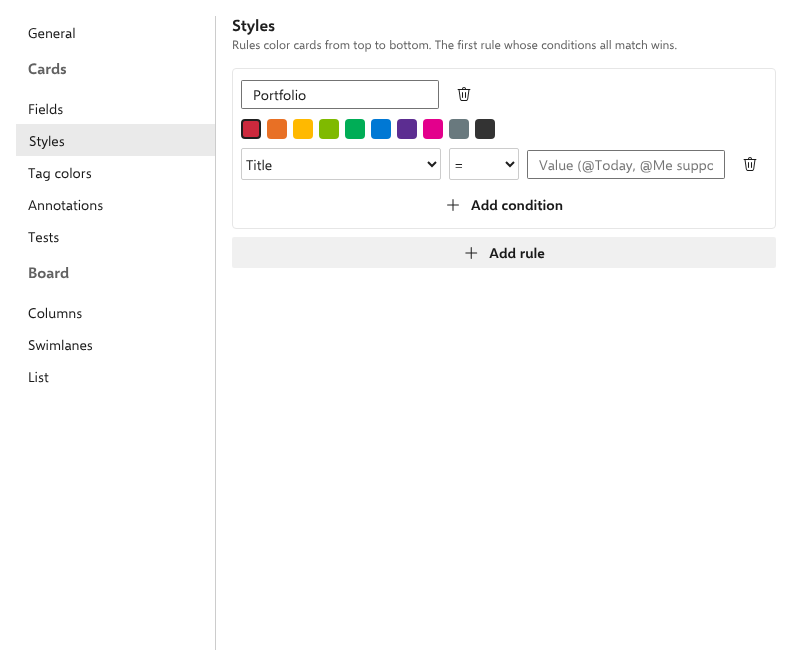 Cards › Styles: a rule with its color palette and one-line condition
