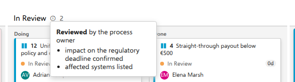 The definition of done, shown from the column header
