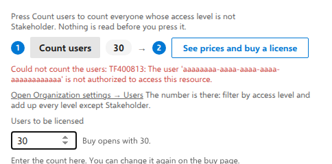 A refused count: the service's own message, the road to the Users page, and a box to type the number by hand, with Buy still available